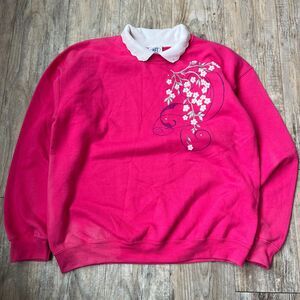 Vintage Sweatshirt Grannycore Medium Hot Pink Floral Collar Cute 90s Cozy PFI